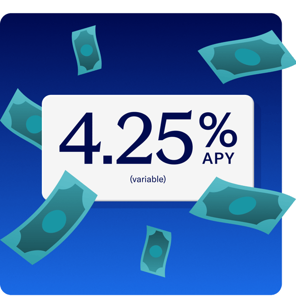 White card reading 4.00% APY (variable) on a blue gradient panel with floating teal dollar bills