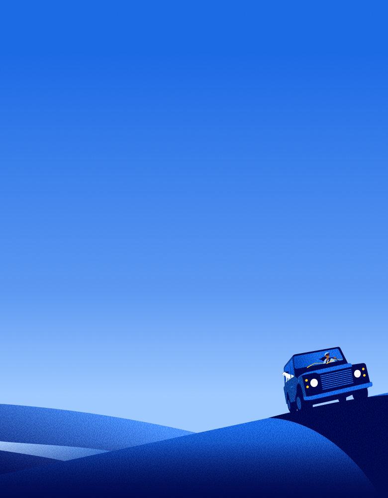 Illustration of a driver in a blue truck cresting deep-blue dunes