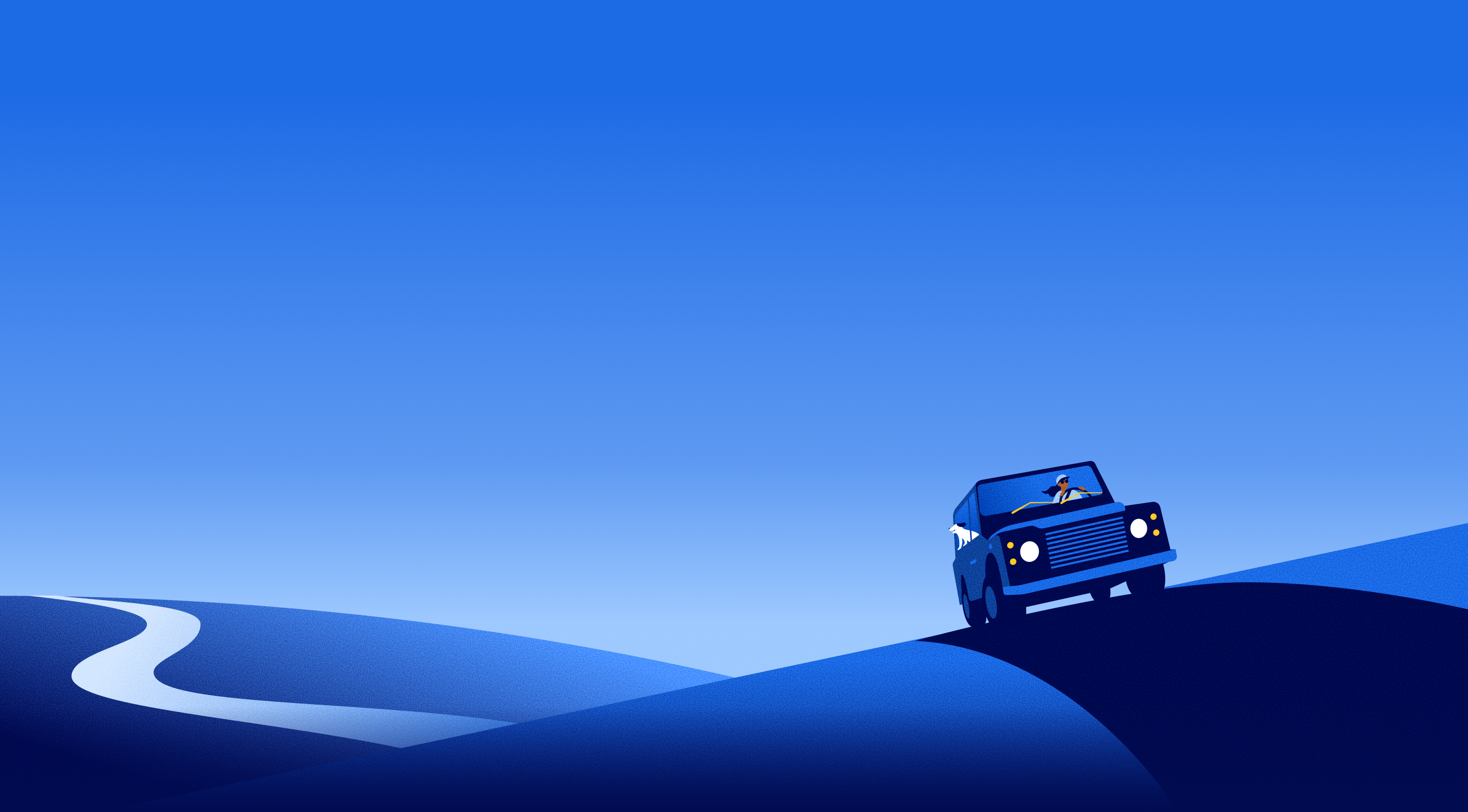 Illustration of a driver in a blue truck cresting deep-blue dunes