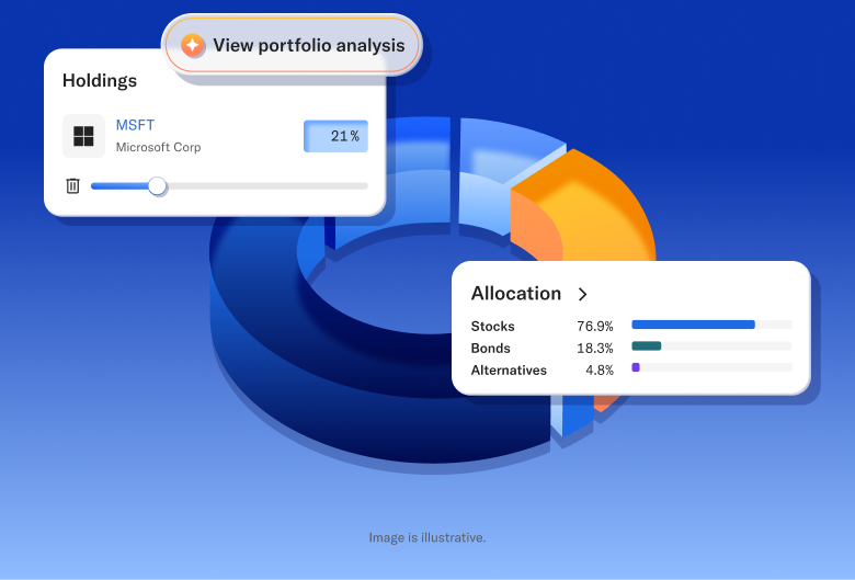 Illustration of the Betterment dashboard: a three-dimensional donut chart of a custom portfolio with cards showing holdings and allocation, and a button to view portfolio analysis.