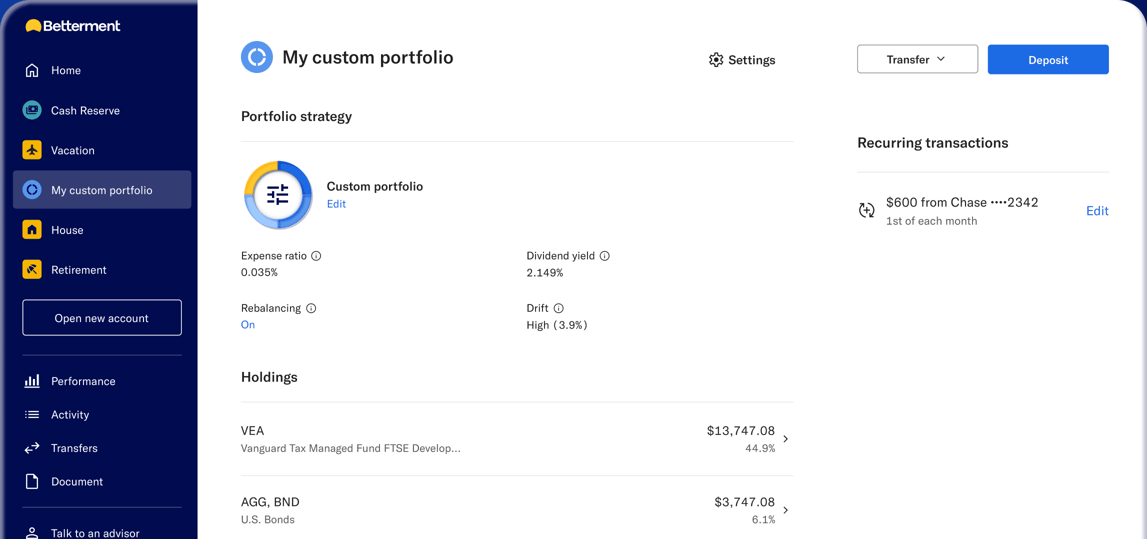 Preview of the Betterment app dashboard for My custom portfolio: sidebar navigation, portfolio strategy with expense ratio, dividend yield, rebalancing and drift details, recurring transactions, and holdings.