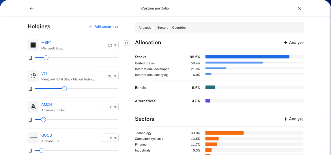 Preview of the Betterment app portfolio builder: a Holdings list with weight sliders for MSFT at 11%, VTI at 33%, AMZN at 8%, and GOOG at 6%, beside real-time Allocation and Sectors analysis bars.