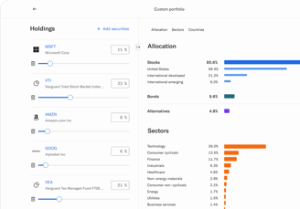 Preview of the Betterment app portfolio builder: a Holdings list with weight sliders for MSFT at 11%, VTI at 33%, AMZN at 8%, and GOOG at 6%, beside real-time Allocation and Sectors analysis bars.