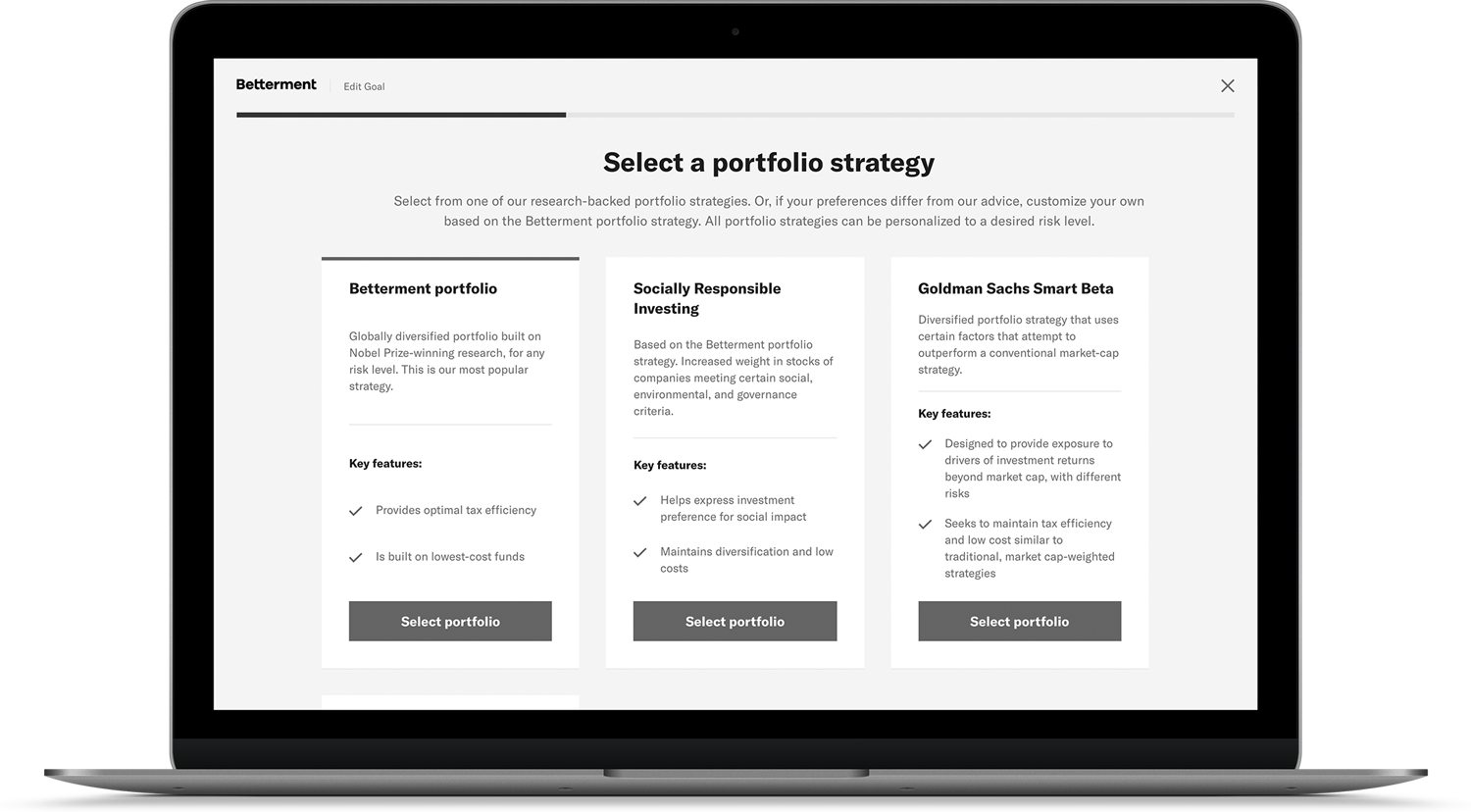 A laptop with a portfolio selection screen displaying three investing options.