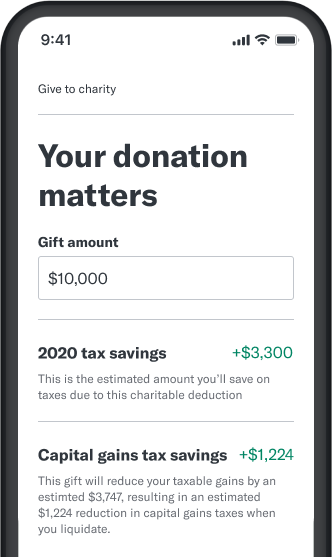 A smartphone showing an interface for donating shares in the Betterment application