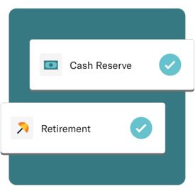 A cash reserve account card and a retirement account card both with a check mark.