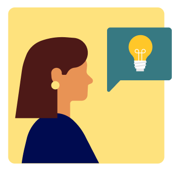 A person next to a speech bubble with a light bulb inside.