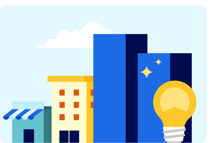 Two buildings next to a bar chart are behind a light bulb with the Betterment logo in it.