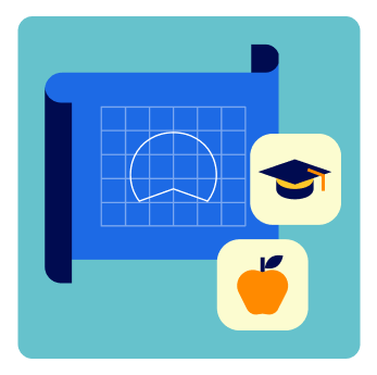 A blueprint with the Betterment logo on it next to an apple icon and a graduation cap icon.