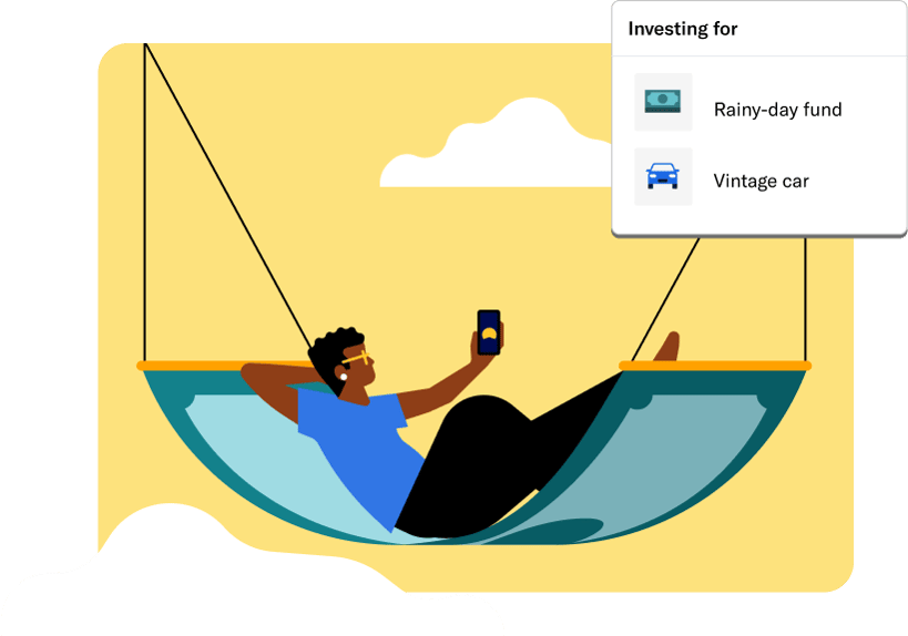 A person on a cash hammock looking at a phone with a card that says investing for rainy-day fund and vintage car.
