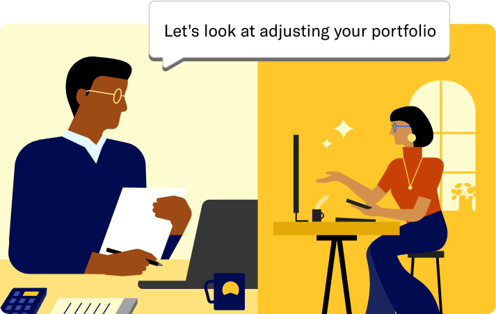 A Certified Financial Planner virtually says let’s look at adjusting your portfolio to a customer who is sitting on a chair with a laptop.