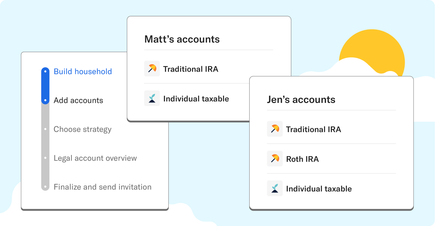 3 profile building cards showing Matt's accounts with traditional IRA and individual taxable, and Jen's accounts with the additional Roth IRA.
