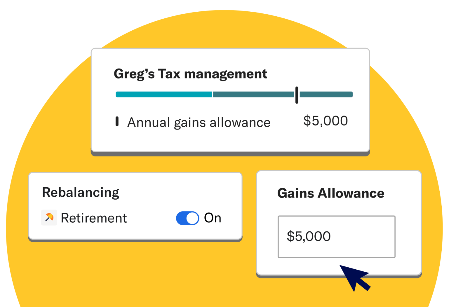 Client's investment account cards showing Greg's tax management with $5,000 annual gains allowance and rebalancing turned on for retirement account.