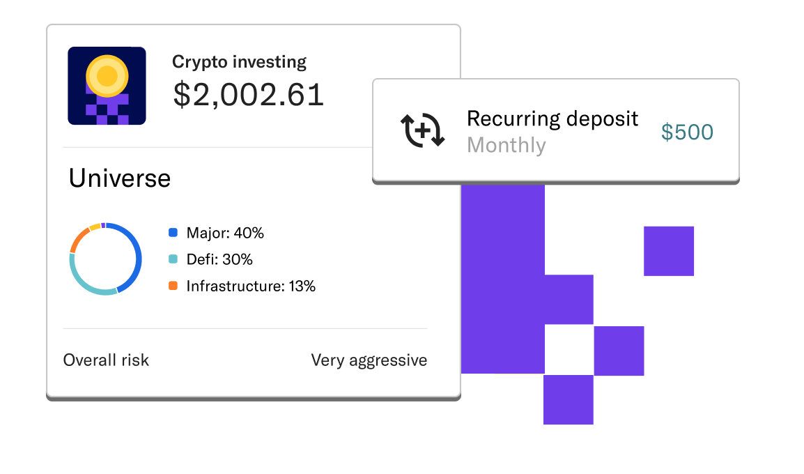 Crypto investing card showing the Universe portfolio, risk level, and enabled recurring deposit