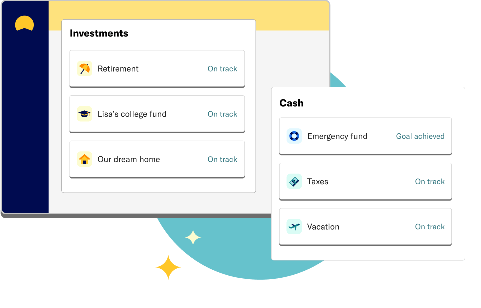 Simplified dashboard showing retirement, college fund, dream home, taxes, and vacation goals on track, and emergency fund goal achieved. 