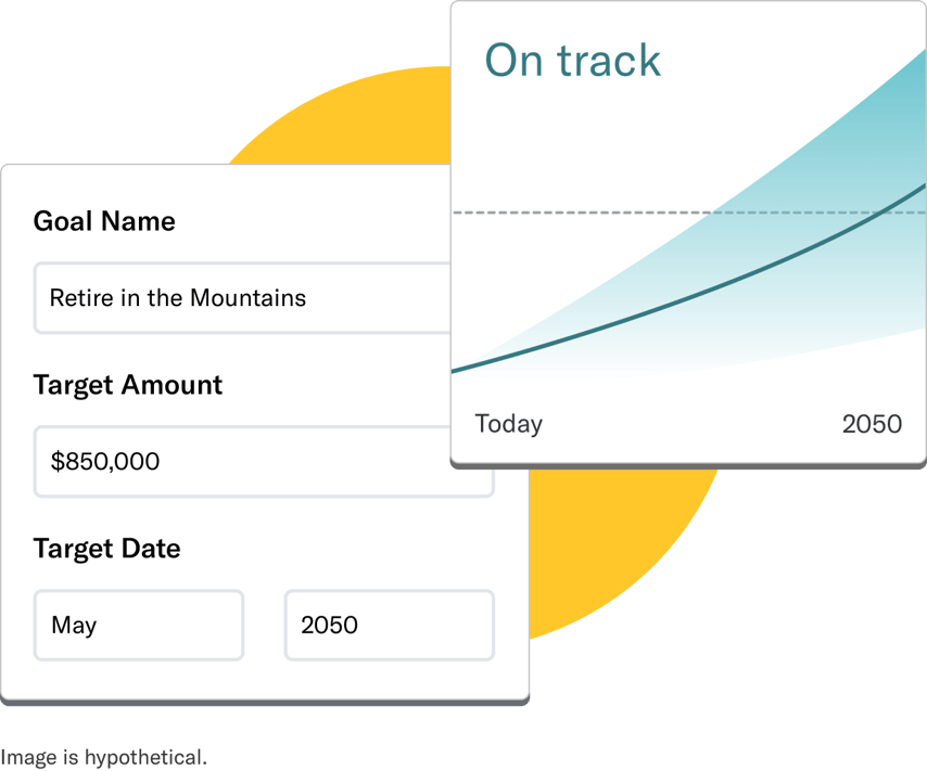 A goal to 'Retire in the Mountains', with a target amount, target date, and a projection of being on-track vs off-track.