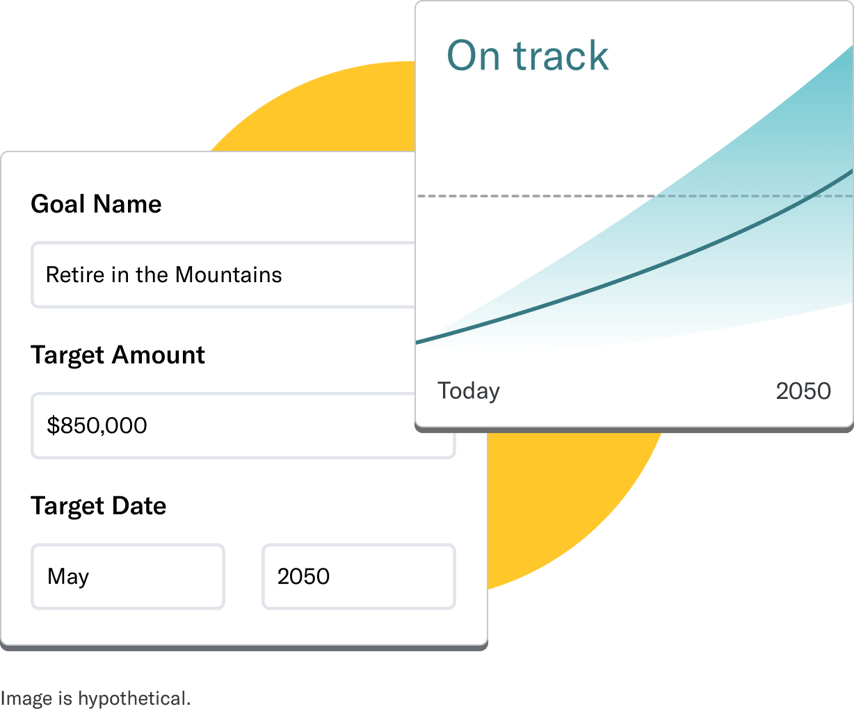 A goal to Retire in the Mountains that is currently on track with a target amount of $850,000 and target date of May 2050..