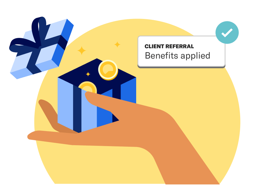 A hand holding a gift box with coins floating out of it, next to a card with a checkmark that says client referral benefits applied.