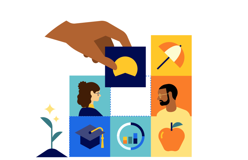 Hand inserting a card with Betterment logo into a group of cards showing people, graduation cap, allocation chart, apple, umbrella, and plant.
