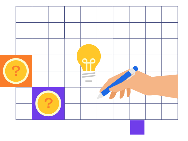Hand holding a pen next to a light bulb and coins with question marks