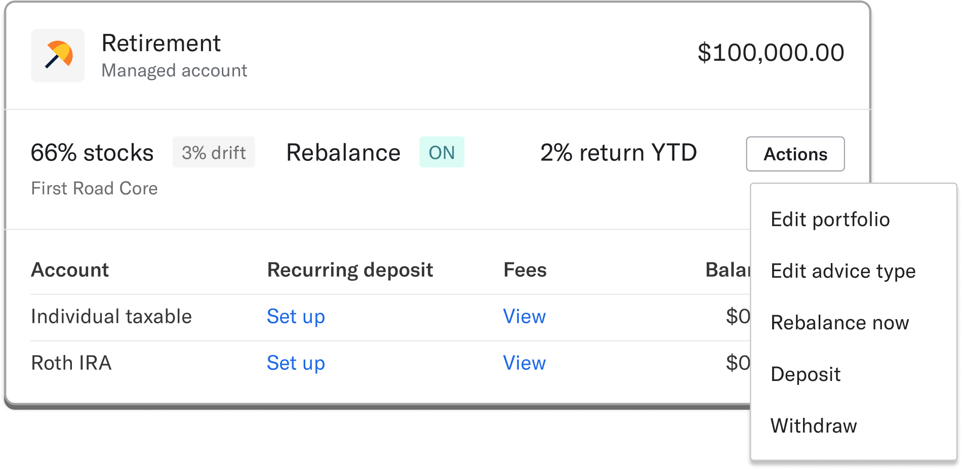 A card showing retirement account with $100,000 in 66% stocks, rebalance turned on, and 2% return YTD, with a drop down action menu.