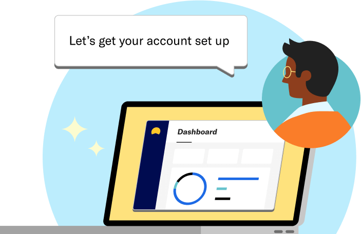 A laptop with Betterment dashboard on the screen, next to a floating headshot of a financial advisor who is saying let’s get your account set up. 