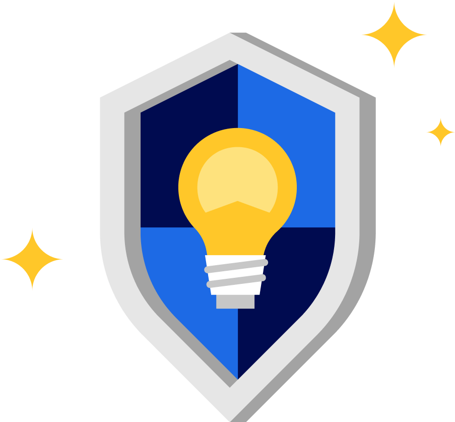 A lightbulb with the Betterment logo in front of a shield.