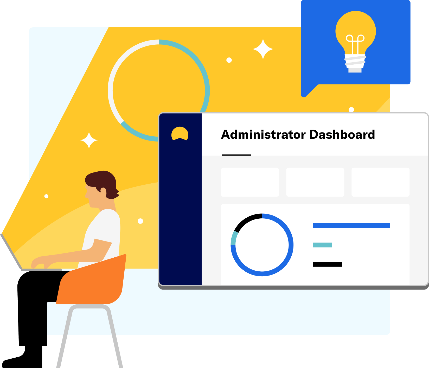 A man sitting in a chair looking at his laptop, which shows the administrator dashboard.
