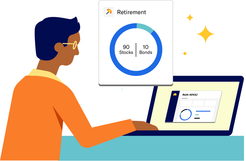 A person with a laptop showing Roth IRA dashboard on the screen next to a card showing an allocation chart with 90% stocks and 10% bonds.