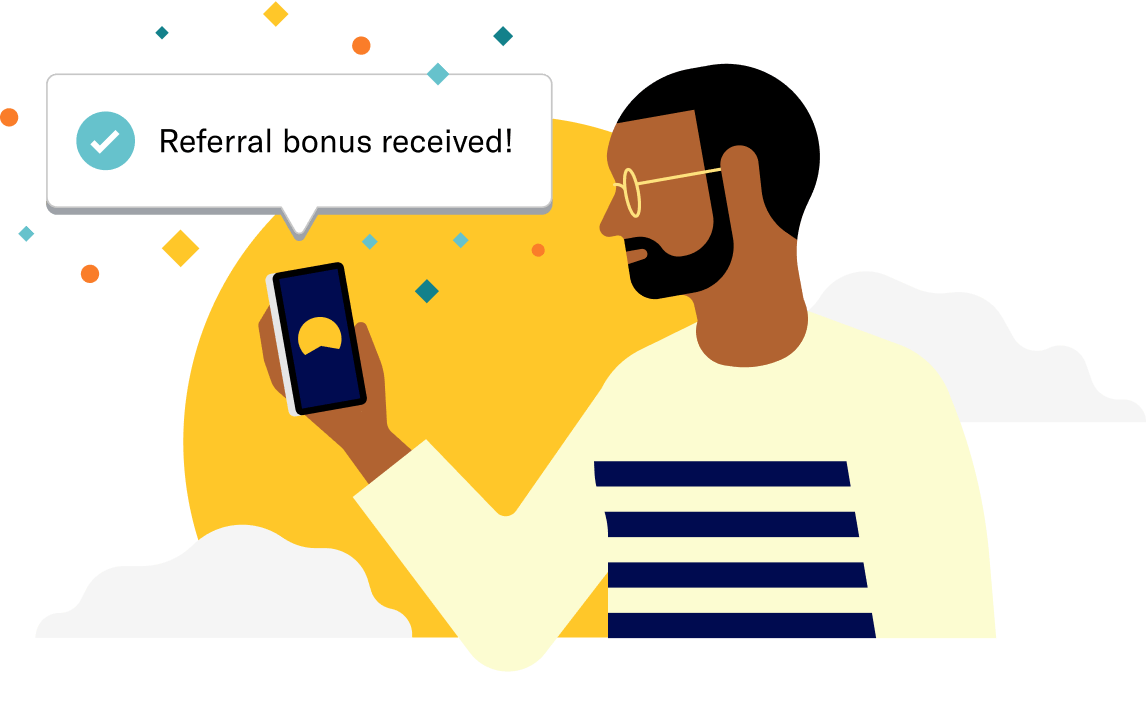 A man is notified by his Betterment app on his phone that he has received a referral bonus.