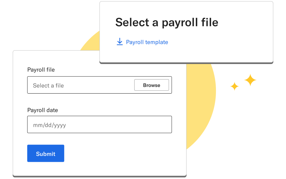 A user interface for selecting a payroll file, next to a payroll file and date submission form.