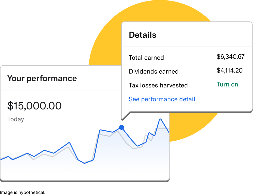 An example of a performance graph in the Betterment app, with total earnings, dividends, and tax losses harvested highlighted.
