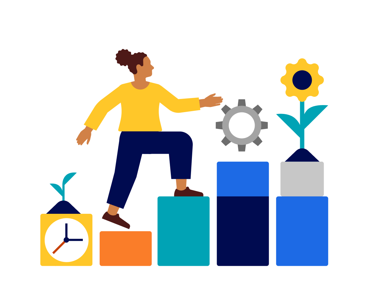 A person walking on a bar chart with a plant, a clock, a gear, and a flower on it.