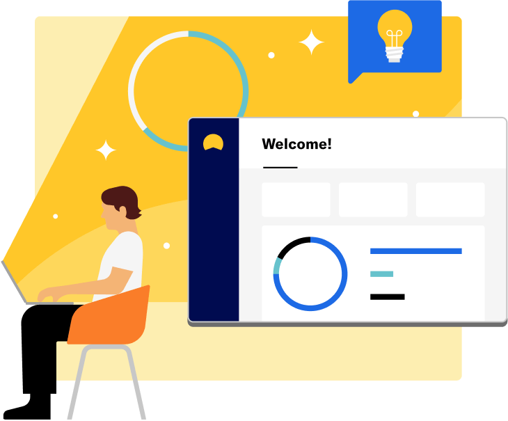 A person on a chair with a laptop next to a simplified Betterment Dashboard with a welcome message and a lightbulb.