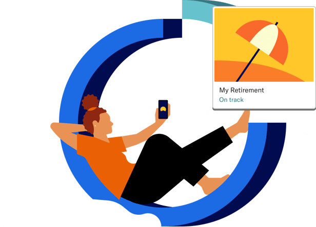 A person sitting in an allocation chart floating amongst the clouds an looking at their phone that has an on track retirement goal.