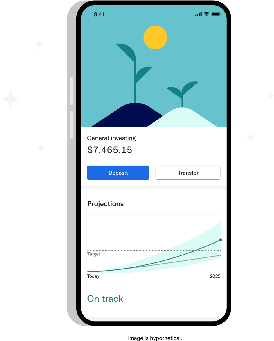 A smartphone with the Betterment app loaded to a General investing goal overview page.
