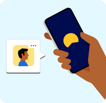 A hand holding a phone with Betterment logo on the screen next to a speech bubble with a person talking.