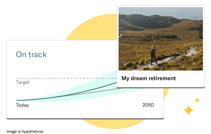 A projection chart showing on track to target in 2050, underneath a card showing a person hiking in their dream retirement.