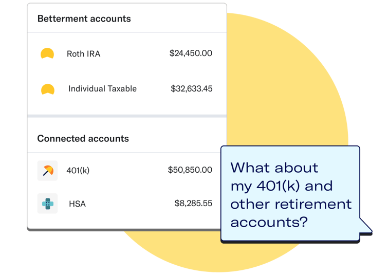 Betterment Roth IRA, Individual Taxable, connected 401(k) and HSA accounts, and question “what about my 401(k) and other retirement accounts?”.