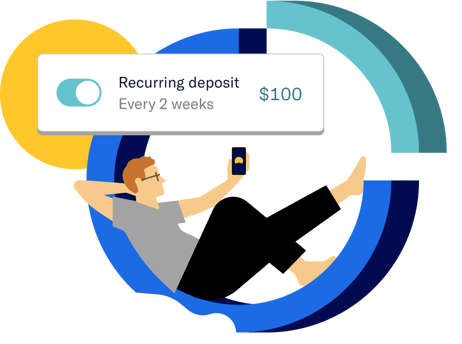 A man using the Betterment app on his smartphone sitting amongst the clouds looking at a setting that has his recurring deposit set at $100 for every 2 weeks tued on.