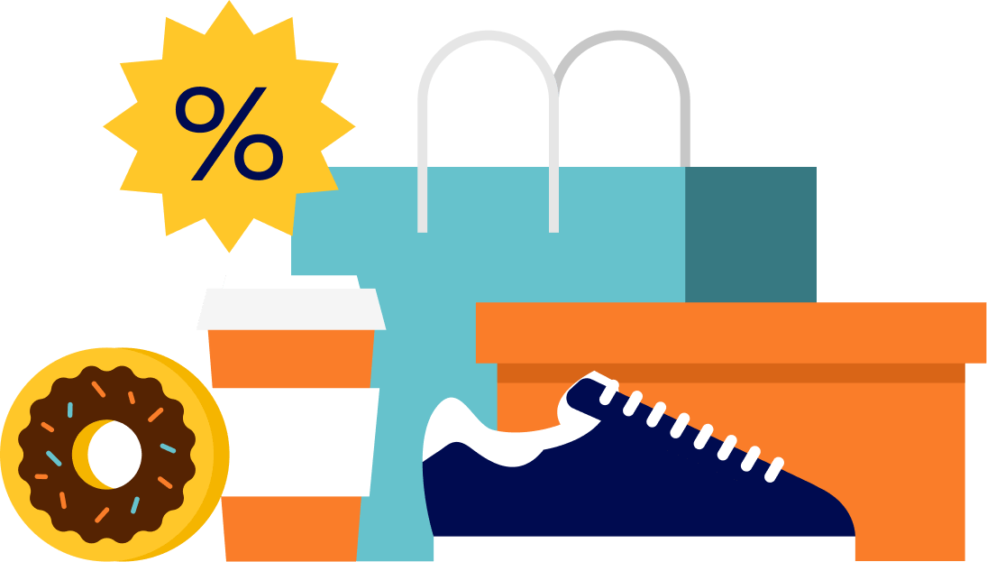 A cluster of items around a shopping bag, including sneakers, coffee, a donut, and a shopping bag with a percentage sign above.
