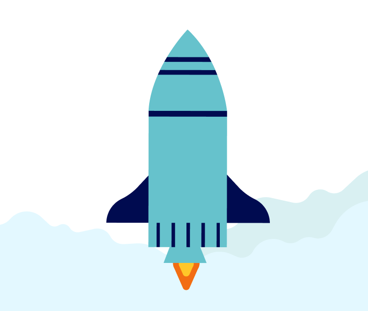 A rocket ship emerging from the clouds