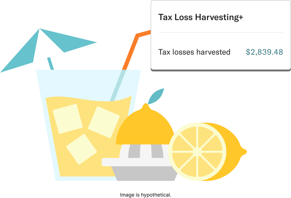A lemon, and a glass of lemonade behind a banner indicating Tax losses are getting harvisted.