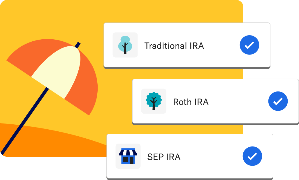 An umbrella next to cards with traditional IRA, Roth IRA, and SEP IRA, each with a check mark next to them.