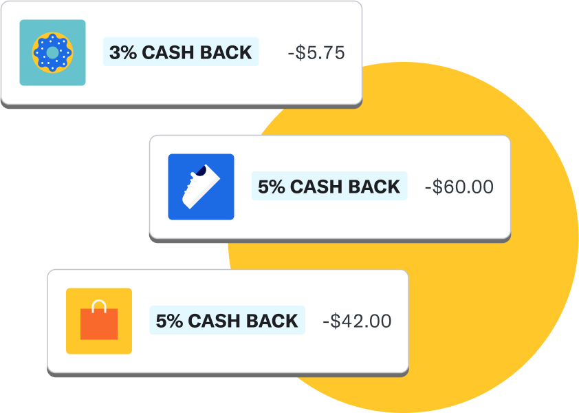 An array of various cash back rewards that you can earn with debit card purchases, including 3% cash back from Dunkin', 5% cash back from adidas, and 5% cash back from Sephora.