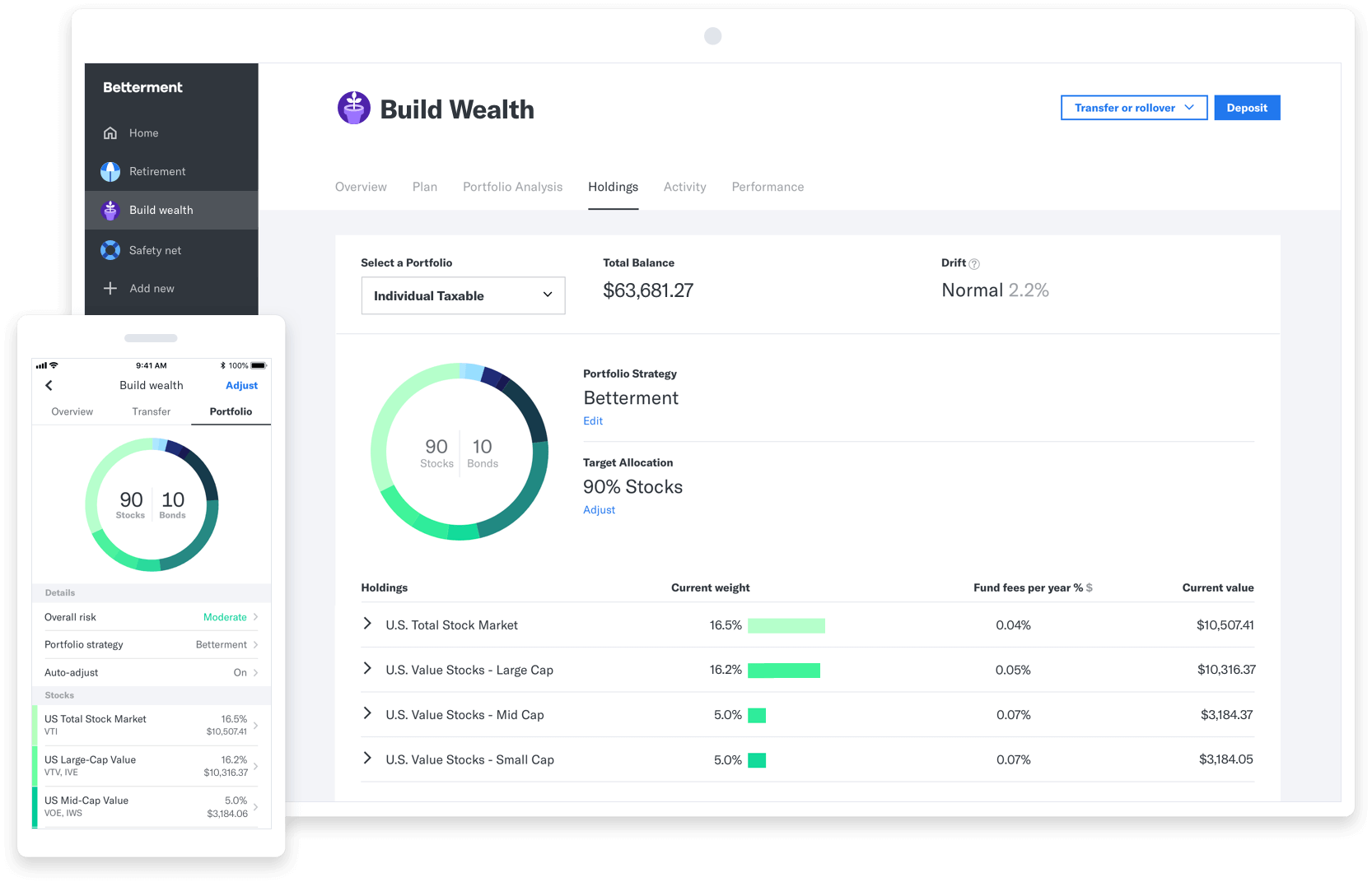 Betterment app showing an account with holdings and allocation on desktop and mobile.