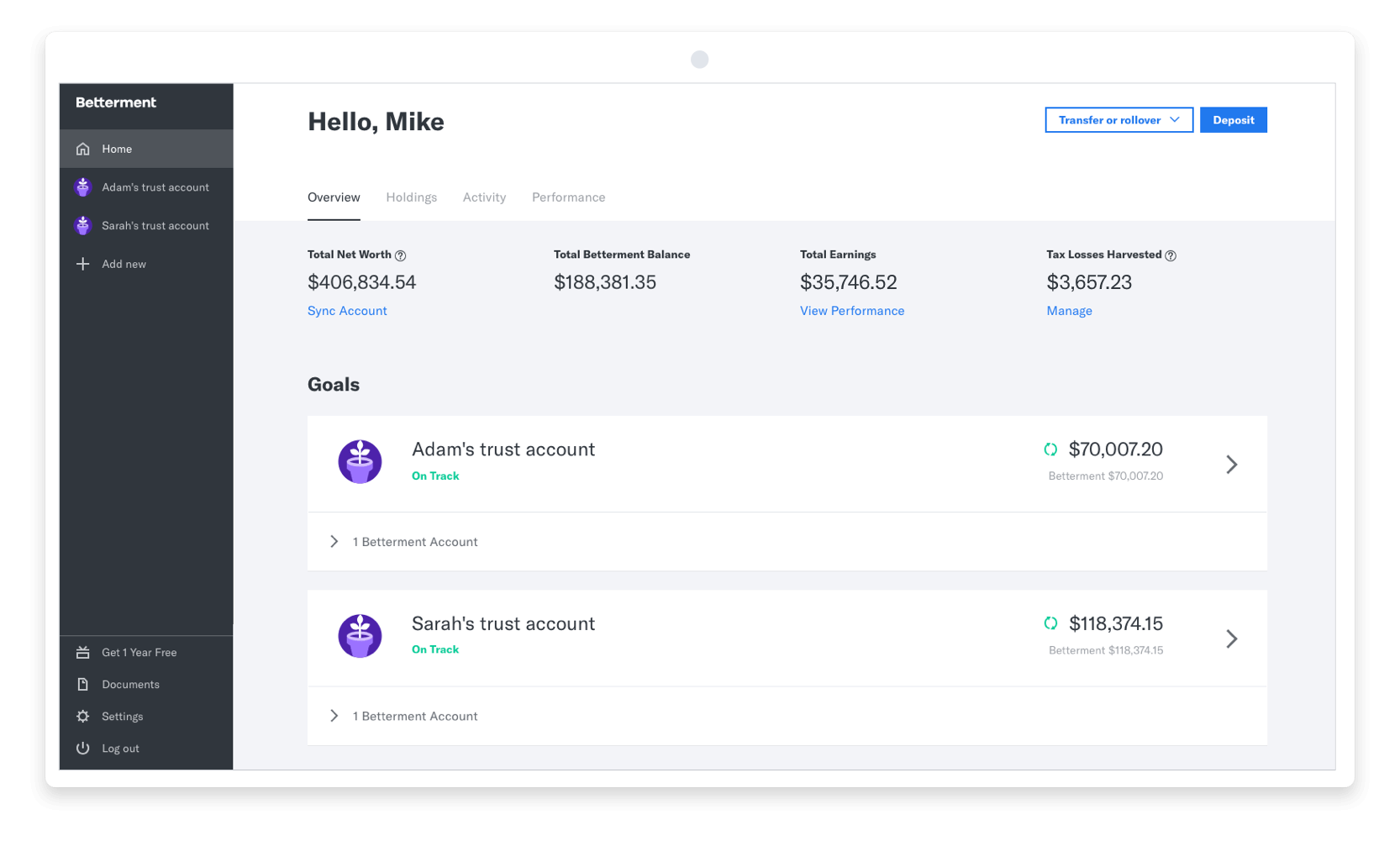 The Betterment web application showing multiple trust accounts