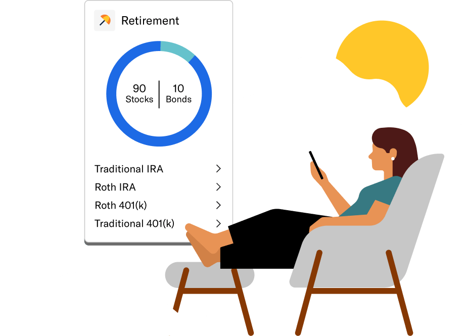 Woman on a chair looking at her stocks and bonds retirement investing accounts with traditional IRA, Roth IRA, Roth 401(k), and traditional 401(k).