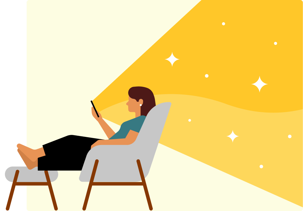 Woman looking at her phone while sitting on a couch with light and stars beaming from her phone.  