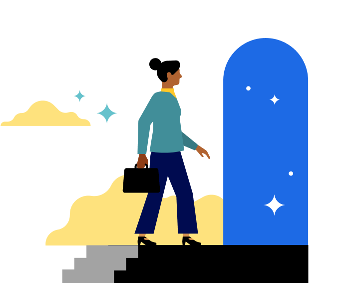 A woman surrounded by clouds climbing a short flight of stairs and walking towards an open doorway